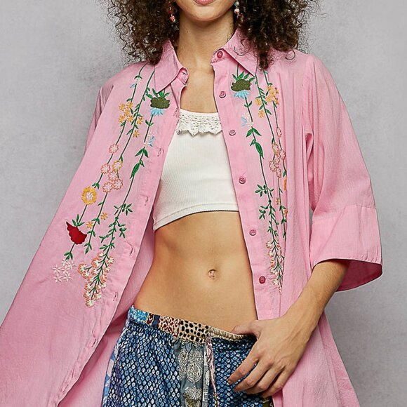 POL Tops - POL Floral Embroidered Half‎ Sleeve Cotton Shirt
